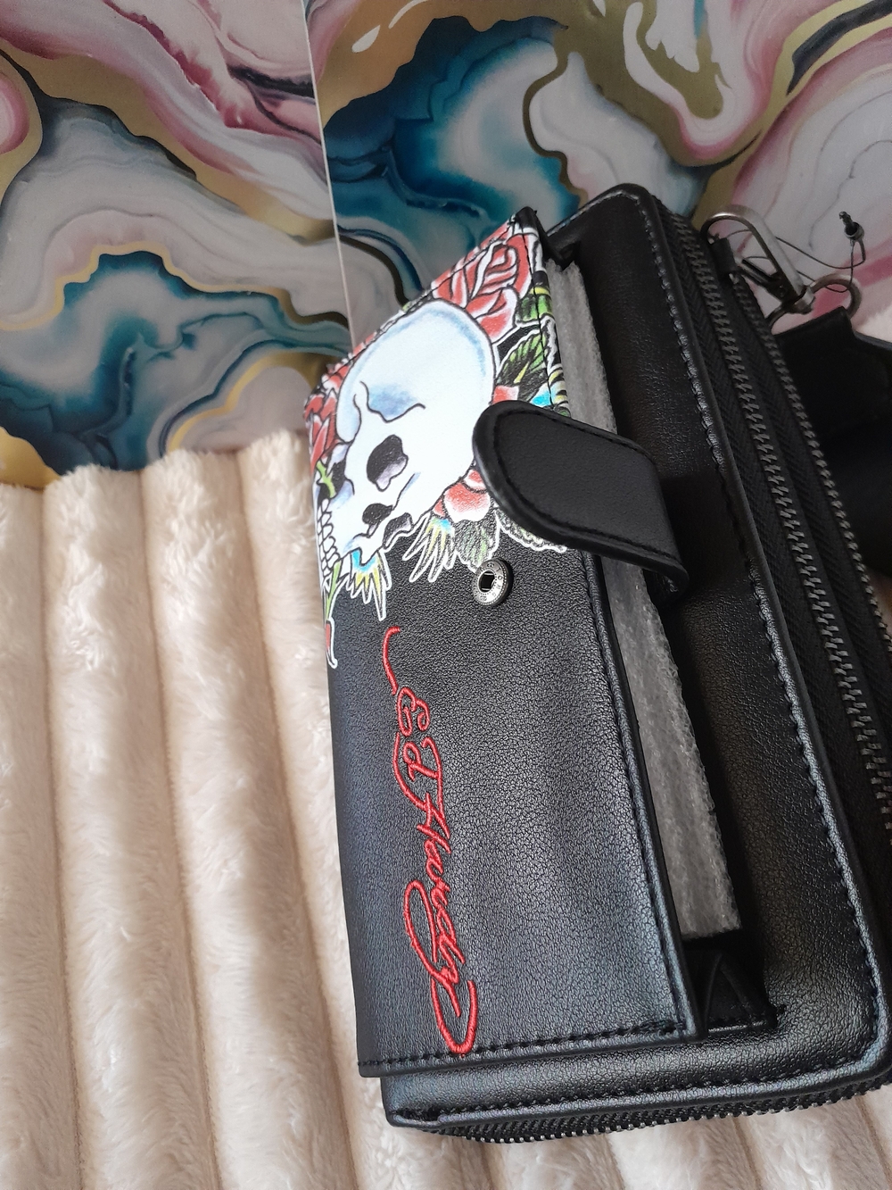 Ed Hardy Black Skull & Rose Crossbody Wallet Bag Phone Holder Clutch NWT - Picture 11 of 12